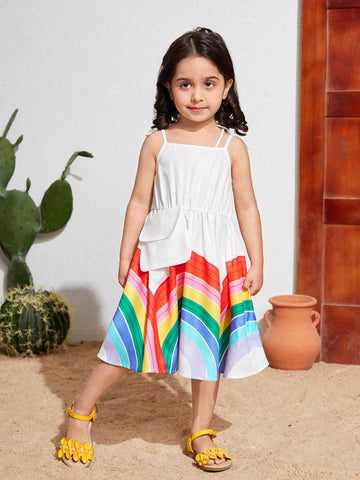 Young Girl's Loose Weave Casual Holiday Rainbow Printed Spaghetti Strap Dress With Crossbody Bag