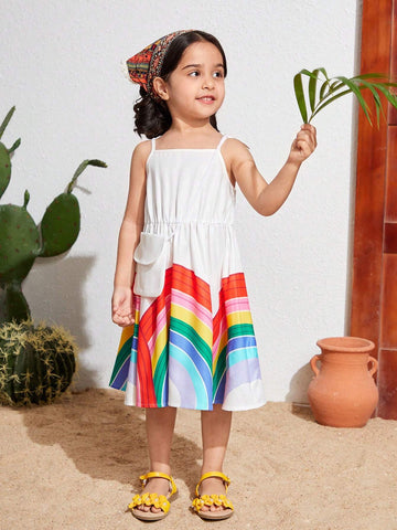 Young Girl's Loose Weave Casual Holiday Rainbow Printed Spaghetti Strap Dress With Crossbody Bag