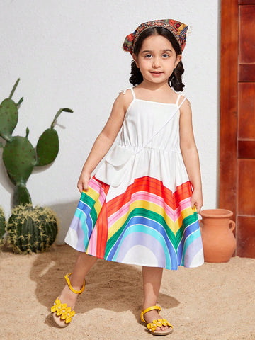 Young Girl's Loose Weave Casual Holiday Rainbow Printed Spaghetti Strap Dress With Crossbody Bag