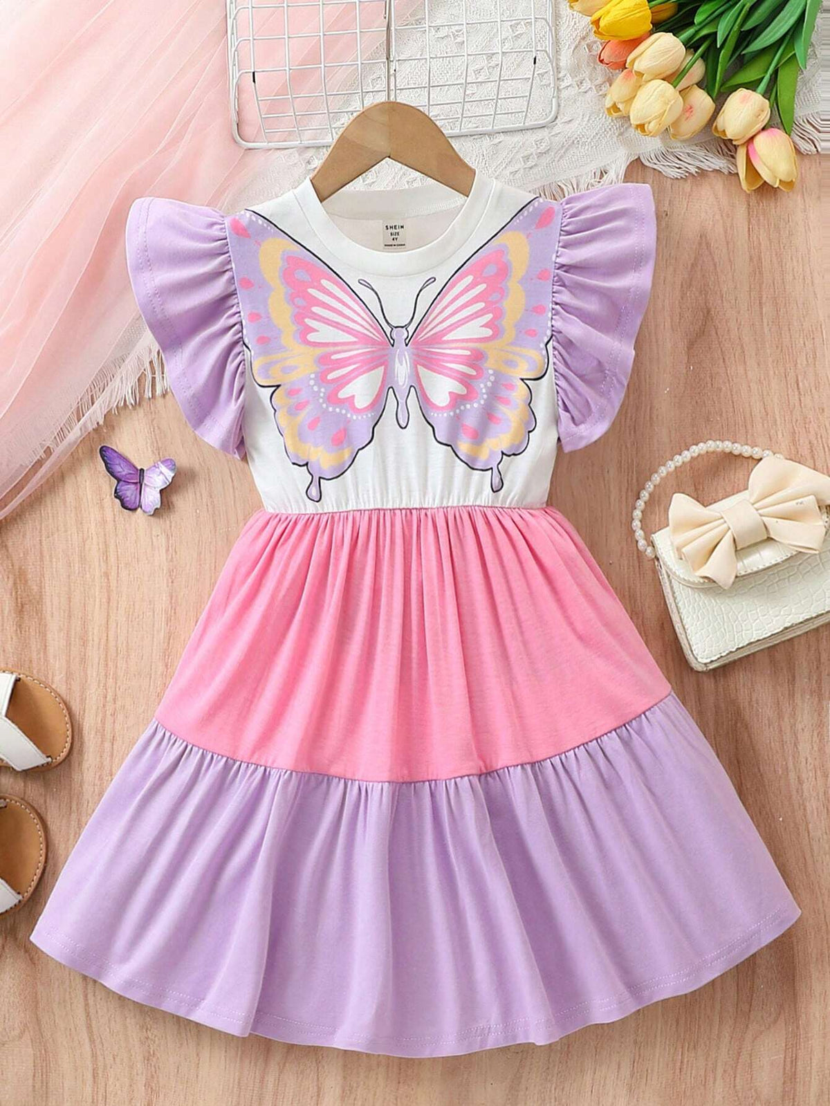 Young Girl's Lovely Butterfly Printed Color Block Countryside Holiday Casual Dress For Travel And Leisure