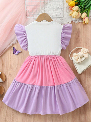 Young Girl's Lovely Butterfly Printed Color Block Countryside Holiday Casual Dress For Travel And Leisure