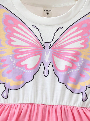 Young Girl's Lovely Butterfly Printed Color Block Countryside Holiday Casual Dress For Travel And Leisure