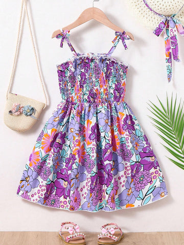 Young Girl's Lovely Casual Vacation Simple Comfortable Floral Printed Spaghetti Strap Dress With Cute Sun Hat As Gift