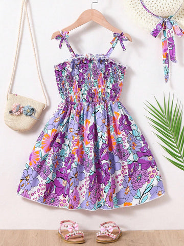 Young Girl's Lovely Casual Vacation Simple Comfortable Floral Printed Spaghetti Strap Dress With Cute Sun Hat As Gift