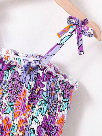 Young Girl's Lovely Casual Vacation Simple Comfortable Floral Printed Spaghetti Strap Dress With Cute Sun Hat As Gift