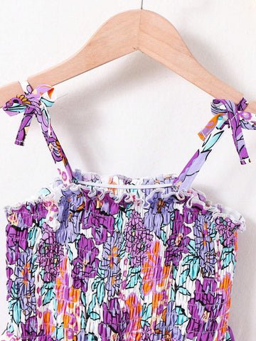 Young Girl's Lovely Casual Vacation Simple Comfortable Floral Printed Spaghetti Strap Dress With Cute Sun Hat As Gift