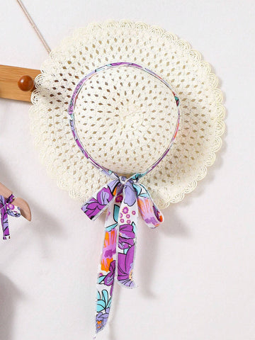 Young Girl's Lovely Casual Vacation Simple Comfortable Floral Printed Spaghetti Strap Dress With Cute Sun Hat As Gift