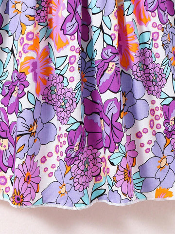 Young Girl's Lovely Casual Vacation Simple Comfortable Floral Printed Spaghetti Strap Dress With Cute Sun Hat As Gift