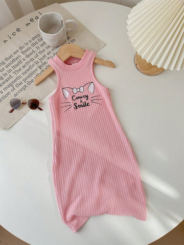 Young Girl's Lovely Cat Printed Sleeveless Casual Two-Piece Dress Set