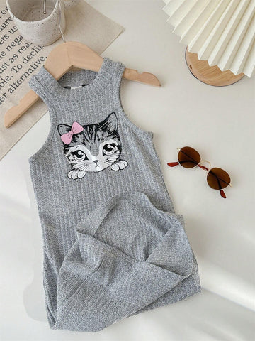 Young Girl's Lovely Cat Printed Sleeveless Casual Two-Piece Dress Set