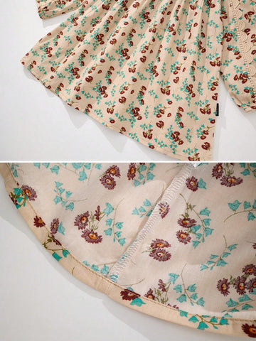 Young Girls' Lovely Chic Lantern Sleeve Flower Printed Dress For Spring/Summer
