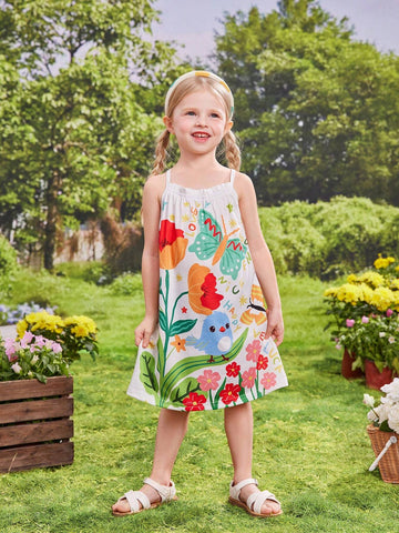Young Girl's Lovely Colorful Animal & Flower Printed Dopamine Strap Dress