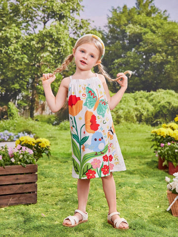Young Girl's Lovely Colorful Animal & Flower Printed Dopamine Strap Dress