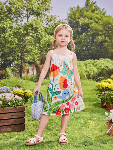 Young Girl's Lovely Colorful Animal & Flower Printed Dopamine Strap Dress