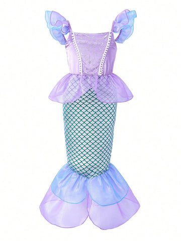 Young Girls' Lovely Flutter Sleeve Mermaid Dress For Spring And Summer