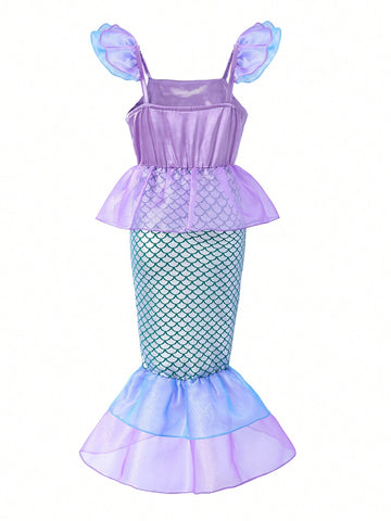 Young Girls' Lovely Flutter Sleeve Mermaid Dress For Spring And Summer