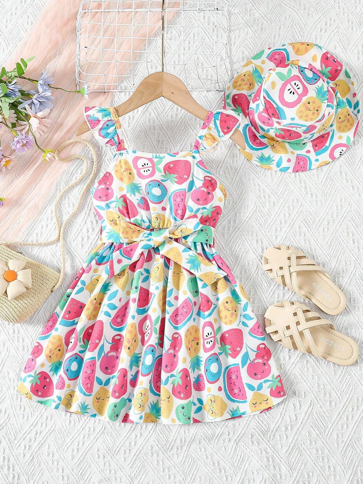 Young Girl's Lovely Fruit Pattern Dress With Ruffled Hem And Belt, Comes With A Hat
