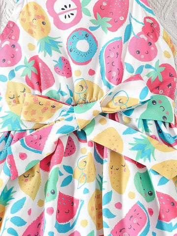 Young Girl's Lovely Fruit Pattern Dress With Ruffled Hem And Belt, Comes With A Hat