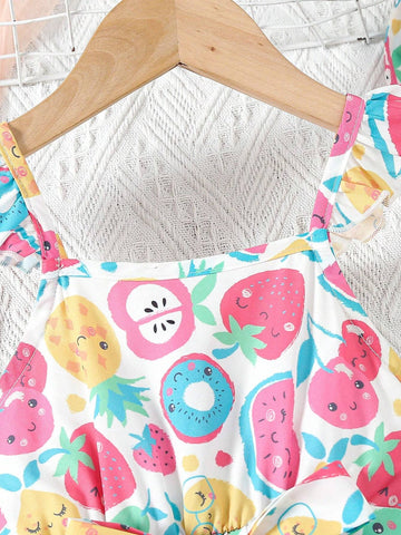 Young Girl's Lovely Fruit Pattern Dress With Ruffled Hem And Belt, Comes With A Hat