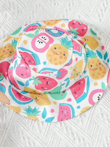 Young Girl's Lovely Fruit Pattern Dress With Ruffled Hem And Belt, Comes With A Hat