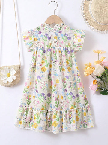 Young Girls' Lovely Grass And Flowers Printed Bunny Dress For Summer