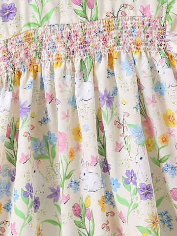 Young Girls' Lovely Grass And Flowers Printed Bunny Dress For Summer