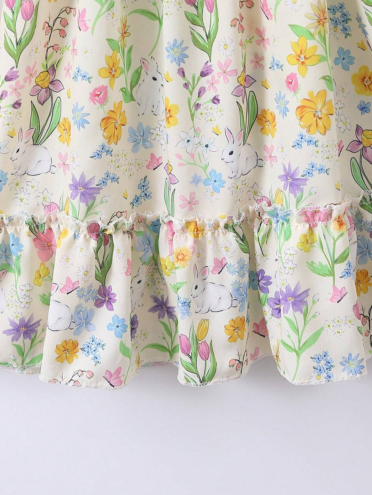 Young Girls' Lovely Grass And Flowers Printed Bunny Dress For Summer