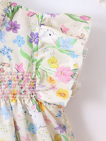 Young Girls' Lovely Grass And Flowers Printed Bunny Dress For Summer