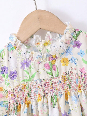 Young Girls' Lovely Grass And Flowers Printed Bunny Dress For Summer