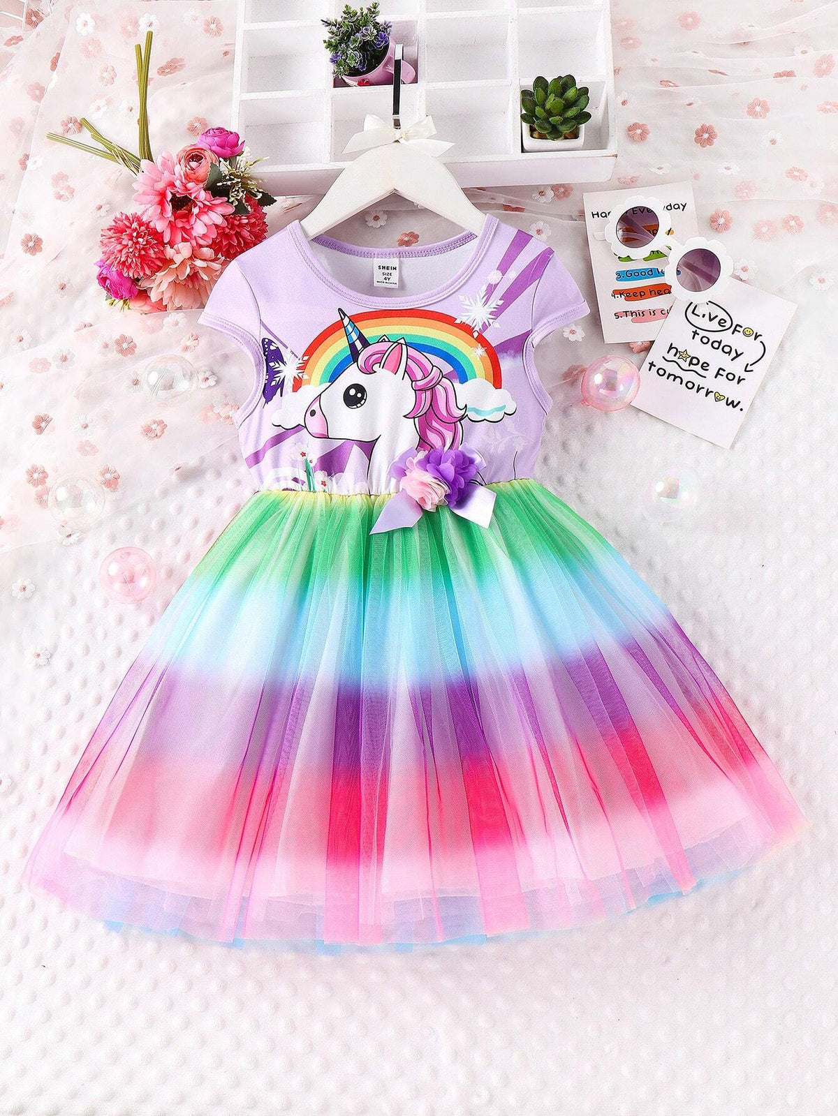 Young Girls' Lovely Holiday Unicorn Printed Color Gradient Tulle Splice Sweet Dress