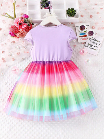 Young Girls' Lovely Holiday Unicorn Printed Color Gradient Tulle Splice Sweet Dress