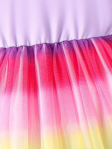Young Girls' Lovely Holiday Unicorn Printed Color Gradient Tulle Splice Sweet Dress