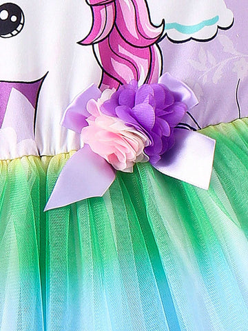 Young Girls' Lovely Holiday Unicorn Printed Color Gradient Tulle Splice Sweet Dress