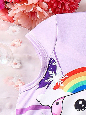 Young Girls' Lovely Holiday Unicorn Printed Color Gradient Tulle Splice Sweet Dress