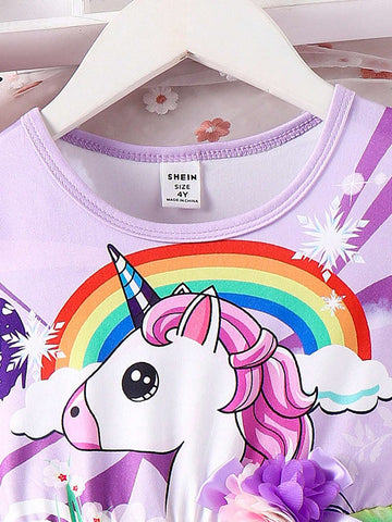 Young Girls' Lovely Holiday Unicorn Printed Color Gradient Tulle Splice Sweet Dress