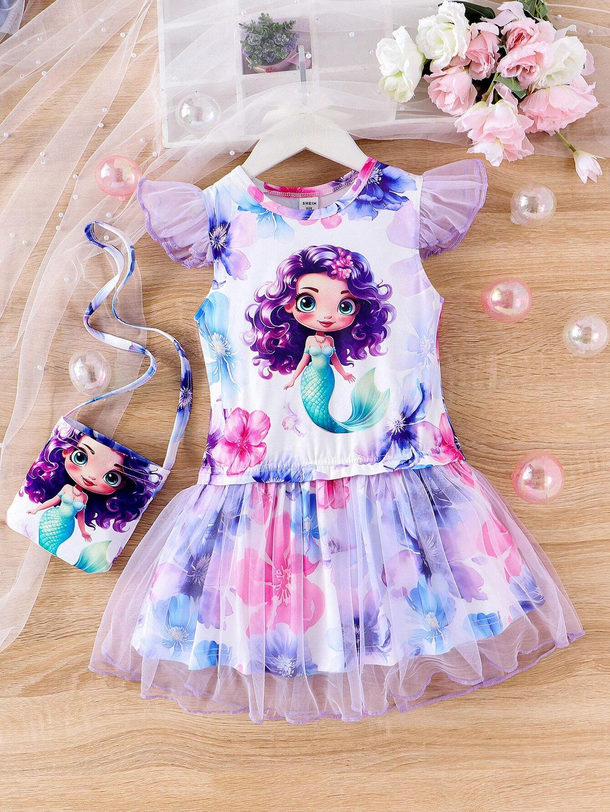 Young Girls Lovely Print Round Neck Sleeveless Dress With Mesh Splicing, Matched With Same Print Shoulder Bag