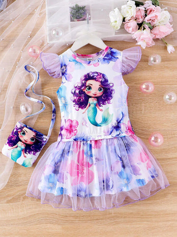 Young Girls Lovely Print Round Neck Sleeveless Dress With Mesh Splicing, Matched With Same Print Shoulder Bag