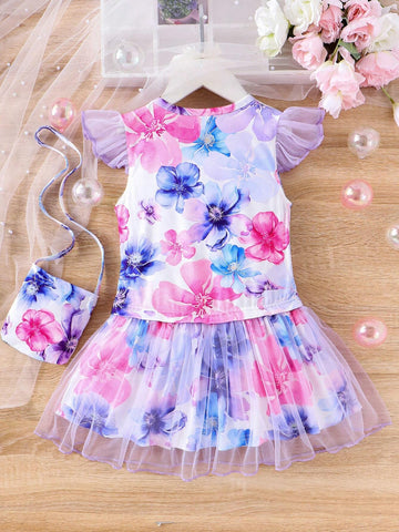 Young Girls Lovely Print Round Neck Sleeveless Dress With Mesh Splicing, Matched With Same Print Shoulder Bag