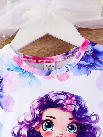 Young Girls Lovely Print Round Neck Sleeveless Dress With Mesh Splicing, Matched With Same Print Shoulder Bag