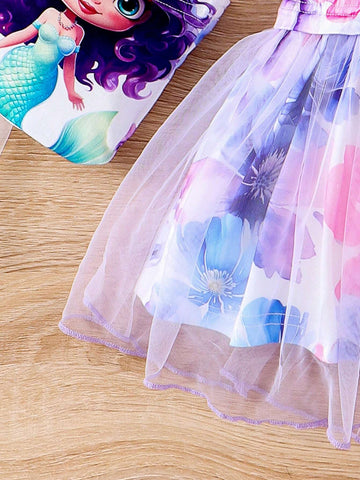 Young Girls Lovely Print Round Neck Sleeveless Dress With Mesh Splicing, Matched With Same Print Shoulder Bag