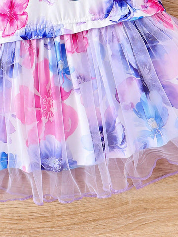 Young Girls Lovely Print Round Neck Sleeveless Dress With Mesh Splicing, Matched With Same Print Shoulder Bag