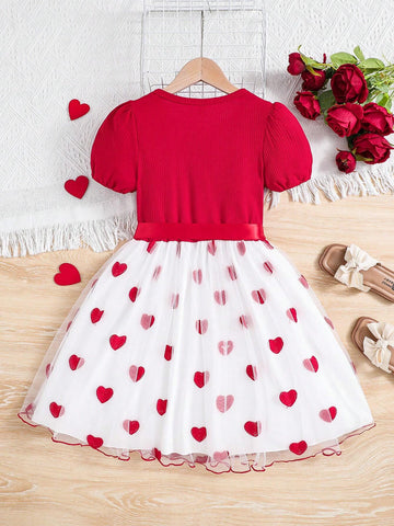 Young Girls' Lovely Red Striped Short Sleeve Love Heart Mesh Patchwork Princess Dress For Spring And Summer