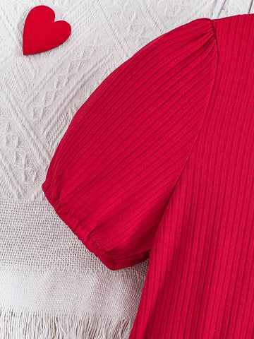 Young Girls' Lovely Red Striped Short Sleeve Love Heart Mesh Patchwork Princess Dress For Spring And Summer