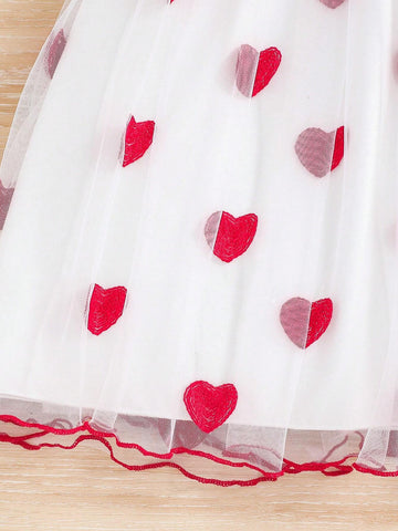 Young Girls' Lovely Red Striped Short Sleeve Love Heart Mesh Patchwork Princess Dress For Spring And Summer