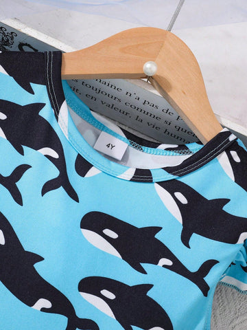 Young Girls' Lovely Shark Printed Flying Sleeve Dress For Casual And Comfortable Summer