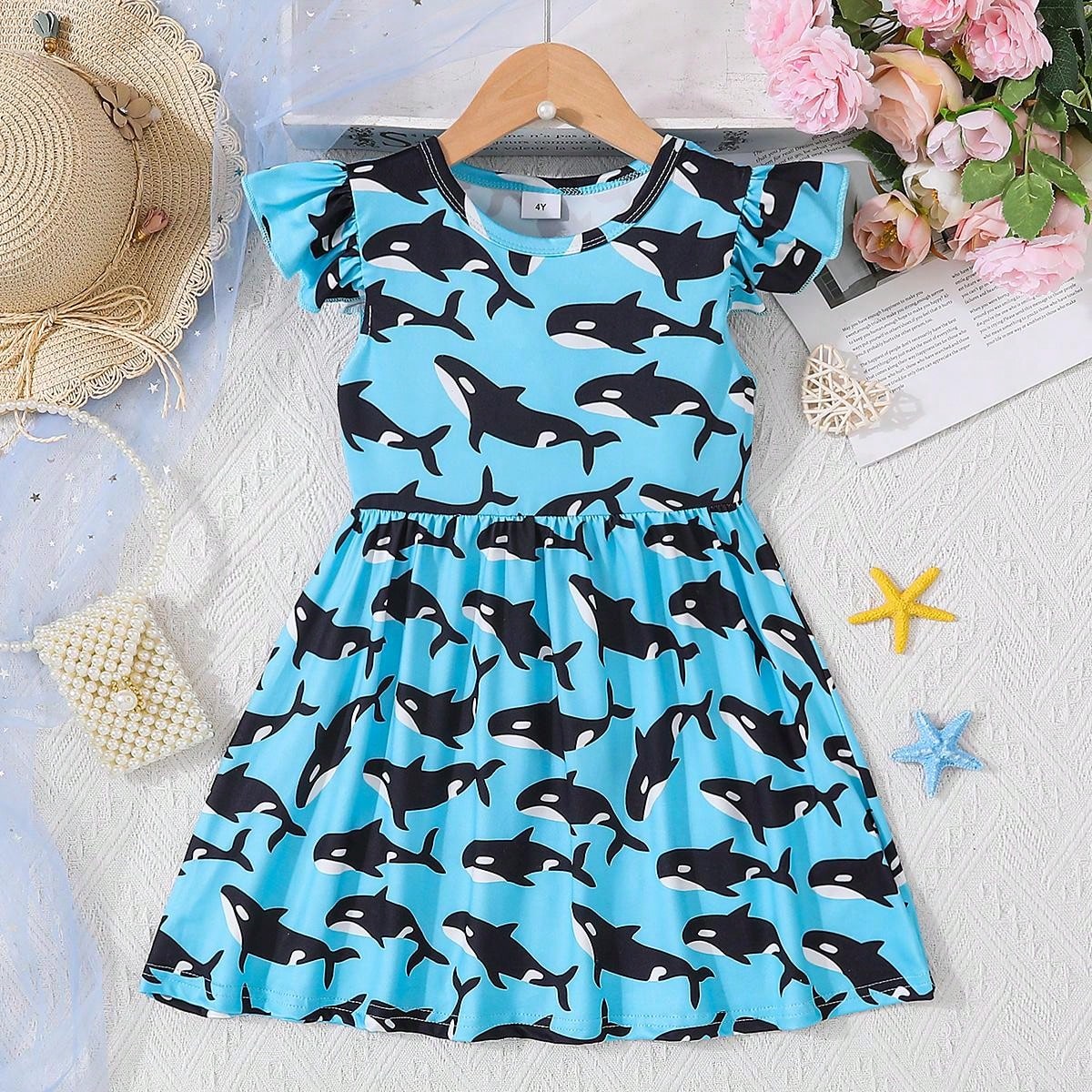 Young Girls' Lovely Shark Printed Flying Sleeve Dress For Casual And Comfortable Summer