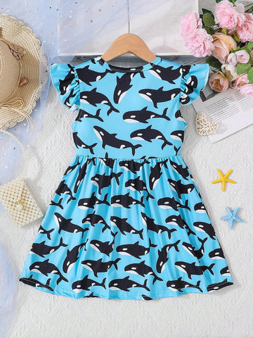 Young Girls' Lovely Shark Printed Flying Sleeve Dress For Casual And Comfortable Summer