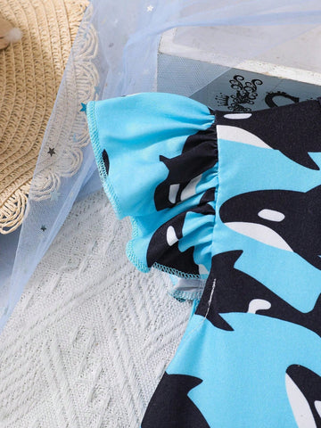 Young Girls' Lovely Shark Printed Flying Sleeve Dress For Casual And Comfortable Summer