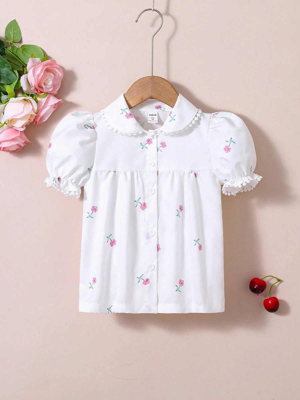 Young Girls' Lovely Short-Sleeved Shirt With Daisy Patterned Doll Collar, Summer