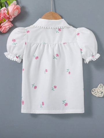 Young Girls' Lovely Short-Sleeved Shirt With Daisy Patterned Doll Collar, Summer